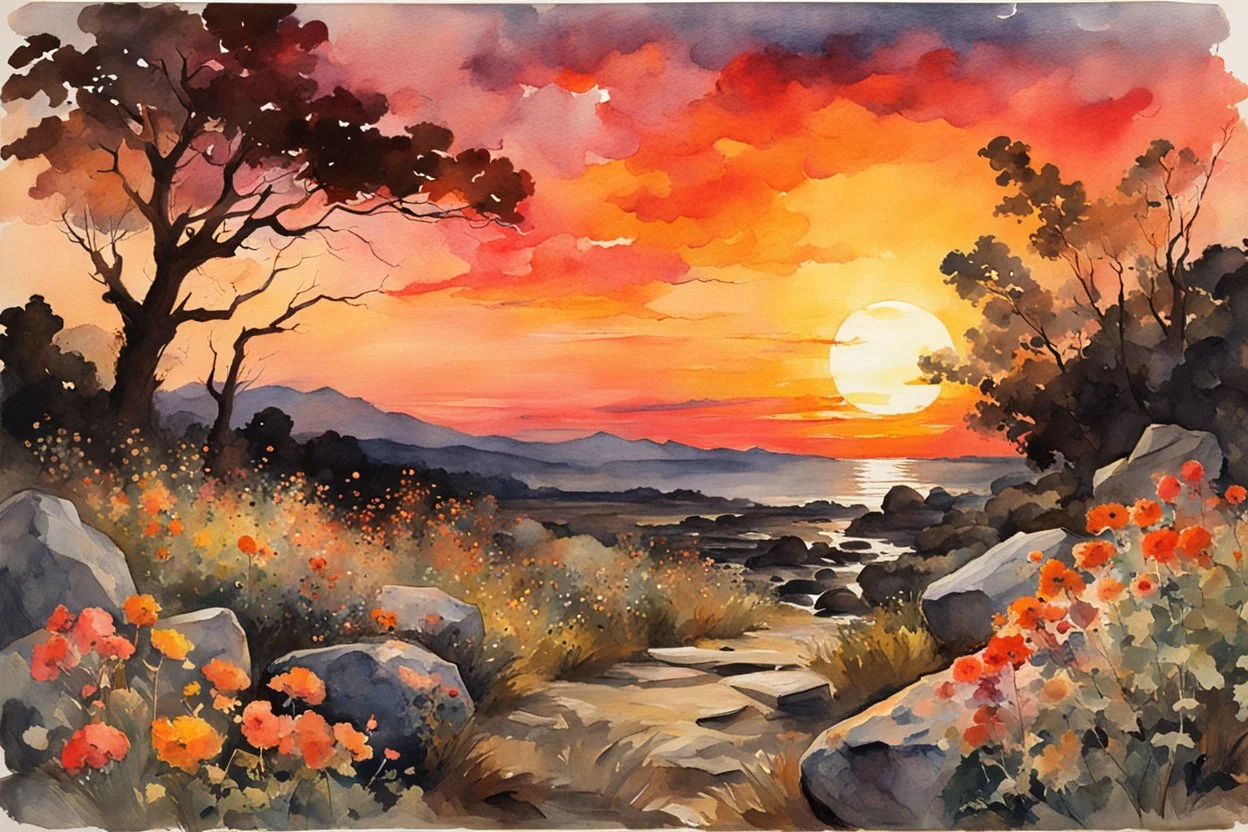 Amazing beautiful sunset, flowers, rocks, mountains, trees, sci-fi, fantasy, epic, winslow homer watercolor paintings