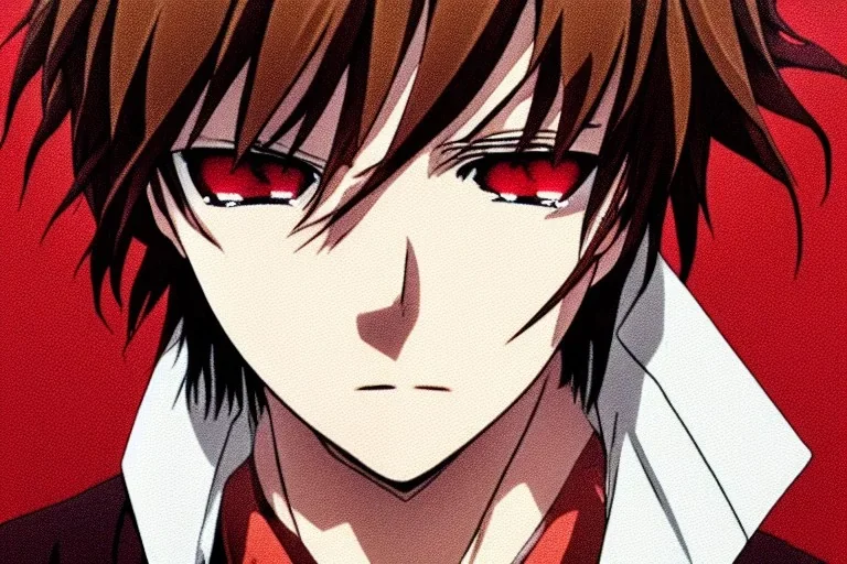 Detailed pretty anime boy, brown hair with blonde strips, keep head in frame, headshot, glaring, brown eyes, covered in bandages, looking serious, illustration, digital painting, only one character, color scheme red, wearing many bandages, Osamu Dazai inspired, anime inspired, manga, dazai, red hair, Chuuya, pretty, scruffy, angry, brooding, manga inspired, small nose, long lower eyelashes, handsome, widows peak, headshot, glaring, cute, wearing a bandage on neck, small nose, scruffy hair