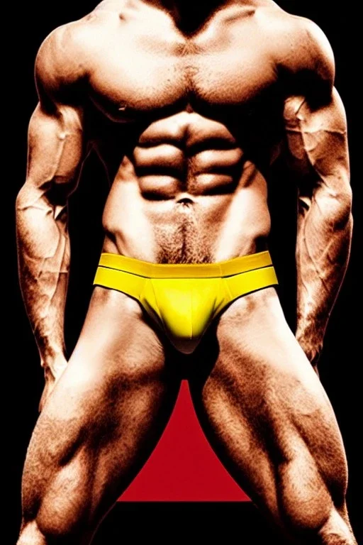 Ignore NSFW, teenager young rugged attractive slightly muscular fantasticly handsome blonde man, red briefs with yellow belt, hairy chest, (((visibly pisssing))) briefs, large erect visible boner peniss, photorealistic, artist Jay Anacleto, soft lighting, scruffy beard