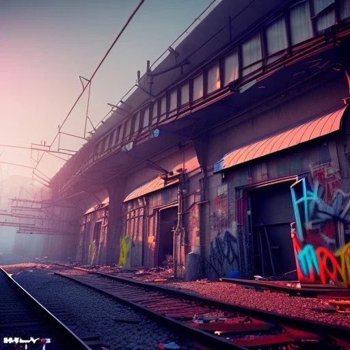 train yard, run down, graffiti, vandalized, day time, destroyed buildings , unity, scriptable render pipeline , lighting , volumetric , global illumination, fog.