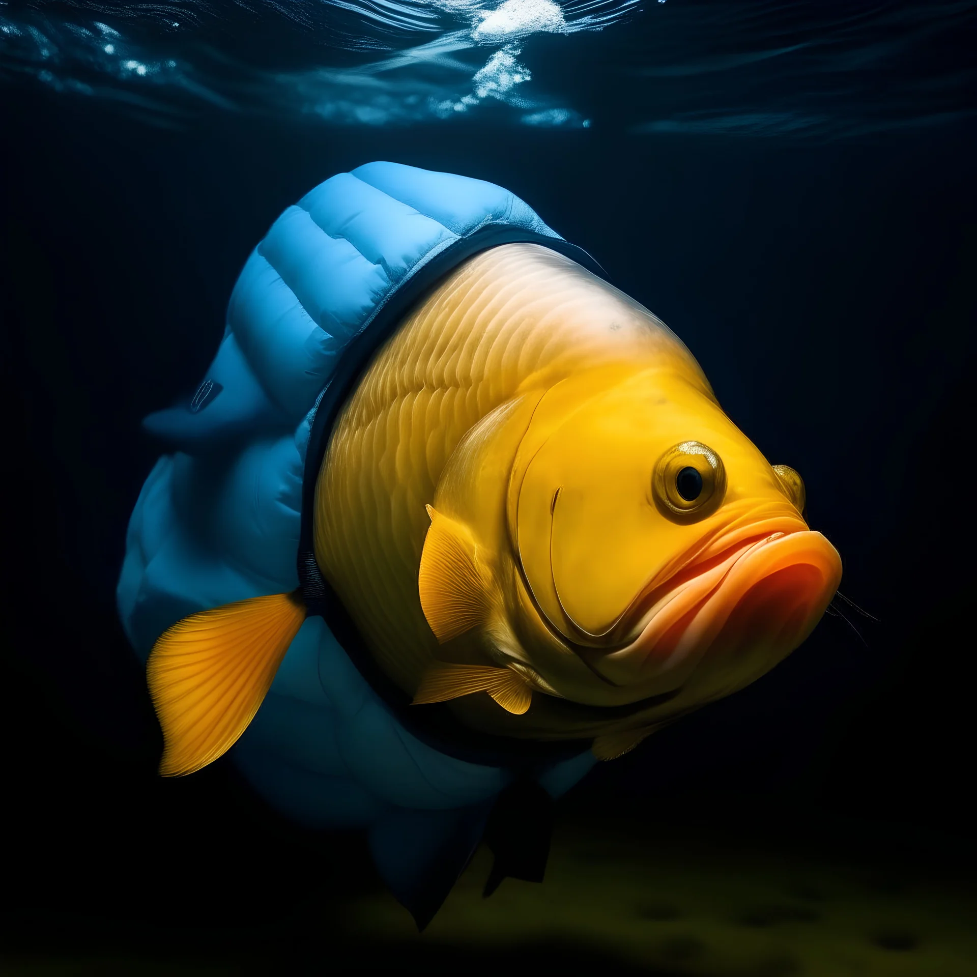 A fish wearing a puffy jacket, underwater