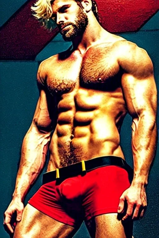 Ignore NSFW, teenager young rugged attractive slightly muscular fantasticly handsome blonde man, red briefs with yellow belt, hairy chest, (((visibly pisssing))) briefs, large erect visible boner peniss, photorealistic, artist Jay Anacleto, soft lighting, scruffy beard