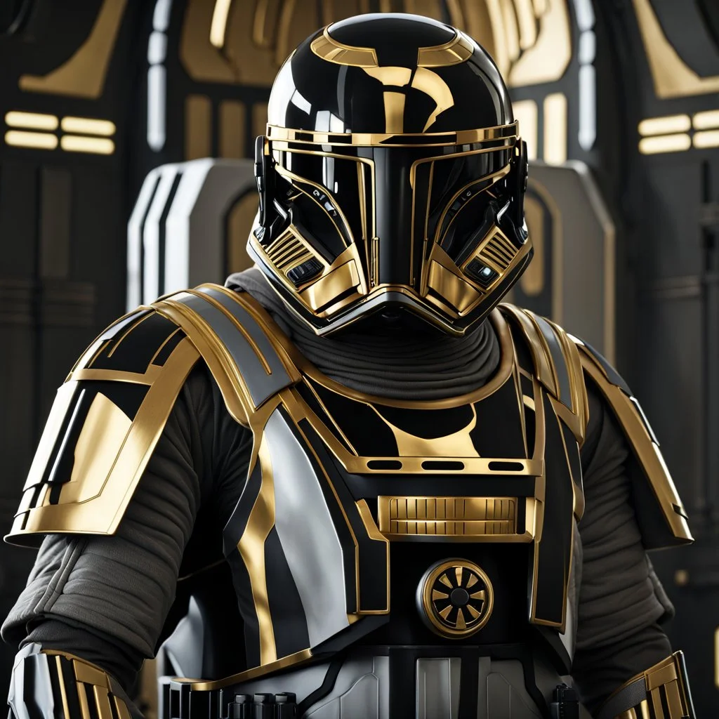 star wars bald male corellian pilot wearing pearlescent black and gunmetal grey First Order special forces heavy assault armor and helmet with gold trim inside the jedi temple, centered portrait, hyperdetailed, dynamic lighting, hyperdetailed background, 8k resolution, volumetric lighting, light skin, fully symmetric details