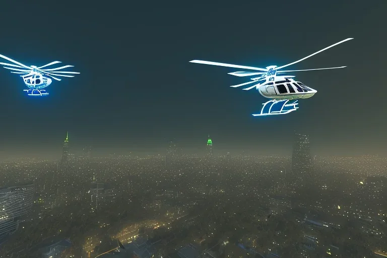 one police helicopter flying over city buildings searching for suspect, oakland, downtown, helicoper has white spotlight flashing to the ground, night time , unity, scriptable render pipeline , green emission, cinematic lighting.