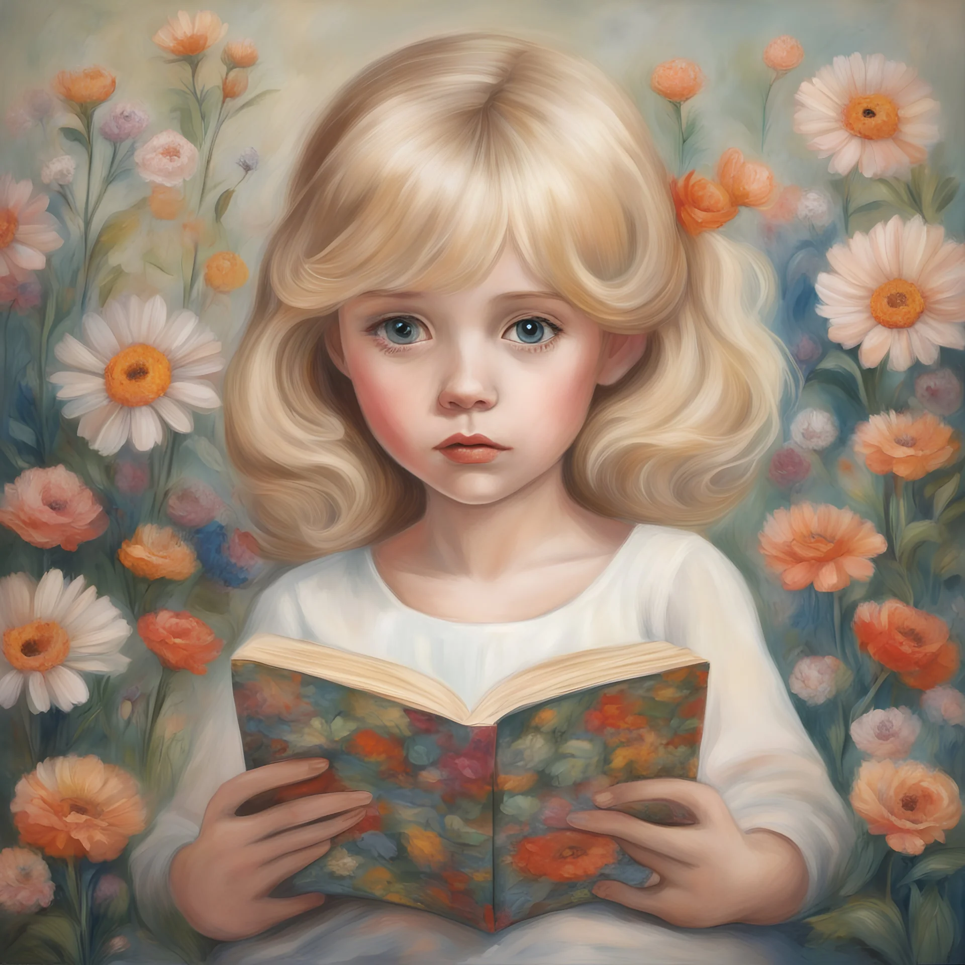 blond Little girl , in the style of Margaret Keane, she is reading à book of flowers