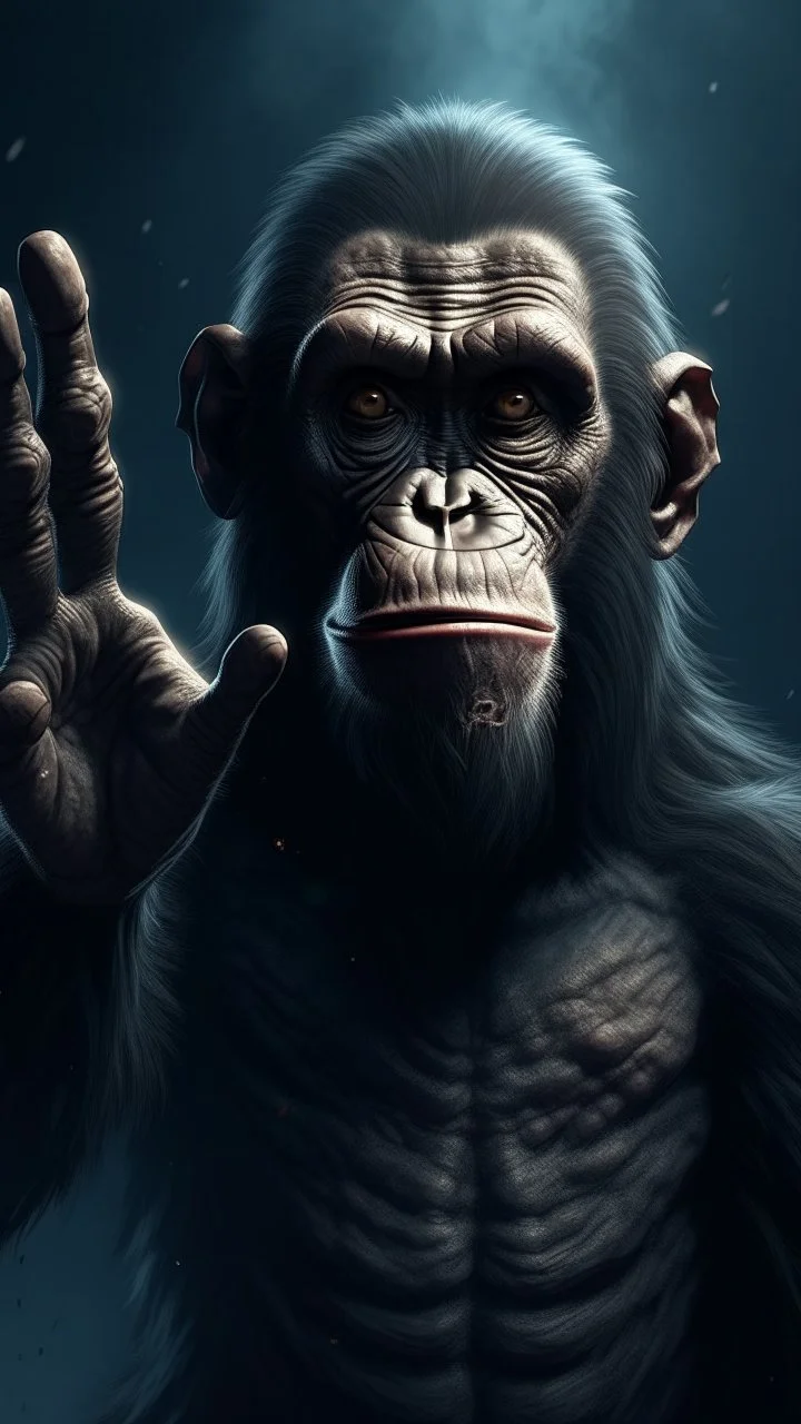 Crafting a terrifying 8K depiction of an old evil chimpanzee rising hand up ,His presence exudes an unsettling aura of malevolence, instilling fear in all who behold him.