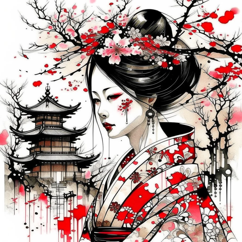 pretty 19 century geisha with Japanese pagoda and cherry blossoms in background, Abstract art, Kirby Krackle effect, traditional Japanese calligraphy scroll paintings, Japanese woodblock prints, by Shohei Otomo, ink washes over top both lines and fills, amazing beauty, hyperdetailed, watercolor and ink, ink splatter