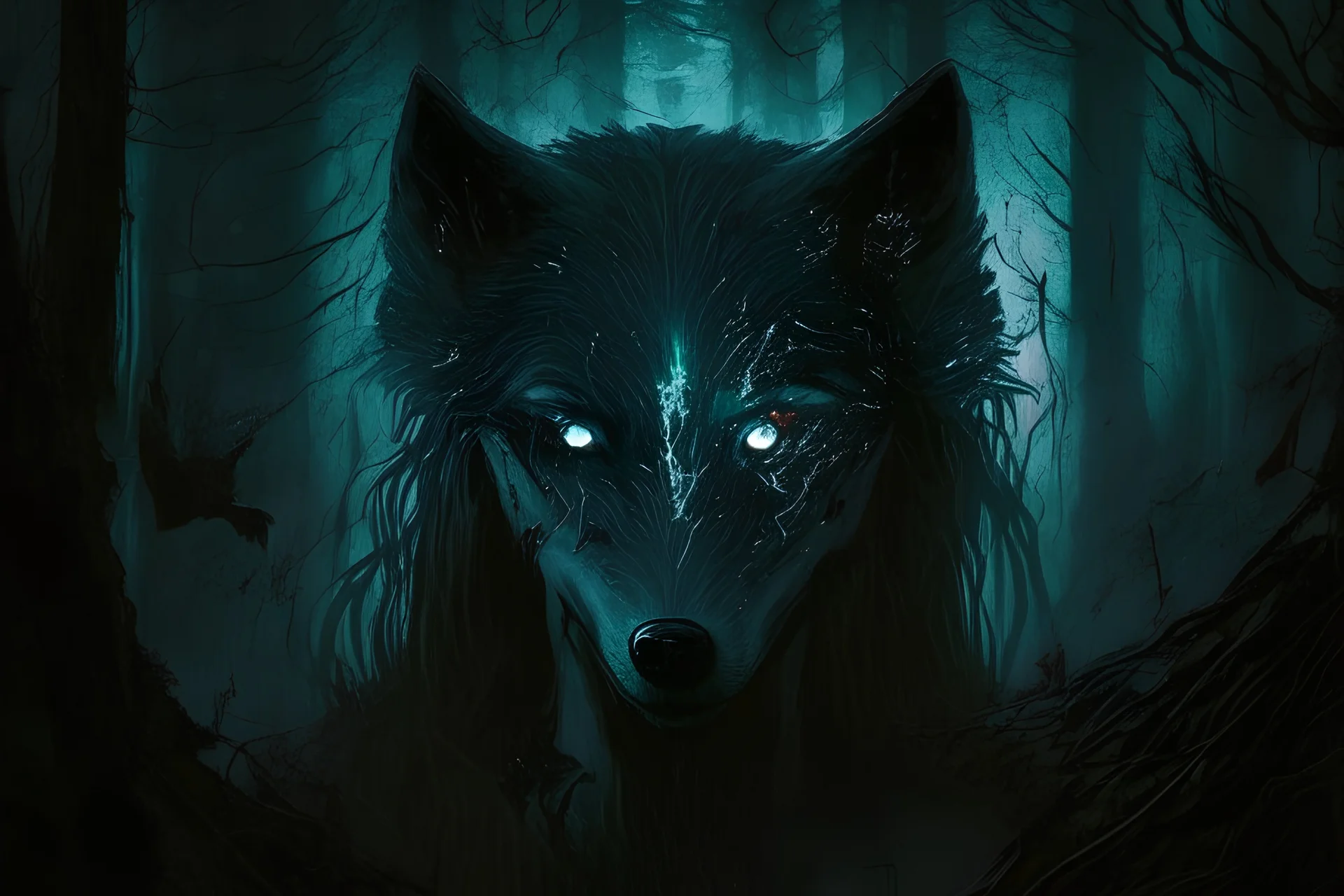 in the semi-darkness of the forest, a -wolf moves towards the viewer. Her eyes glow in the dark. She has a wound on the side and her stomach is ripped open. Guts fall out.