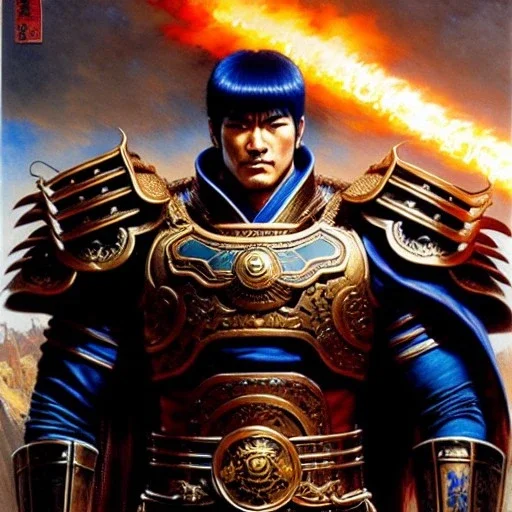 portrait 'Ryûken-Fist of the north star',ancient metal armor ,painting by gaston bussiere, greg rutkowski, yoji shinkawa, yoshitaka amano, tsutomu nihei, donato giancola, tim hildebrandt, oil on canvas, cinematic composition, extreme detail,fit full head inside picture,16k