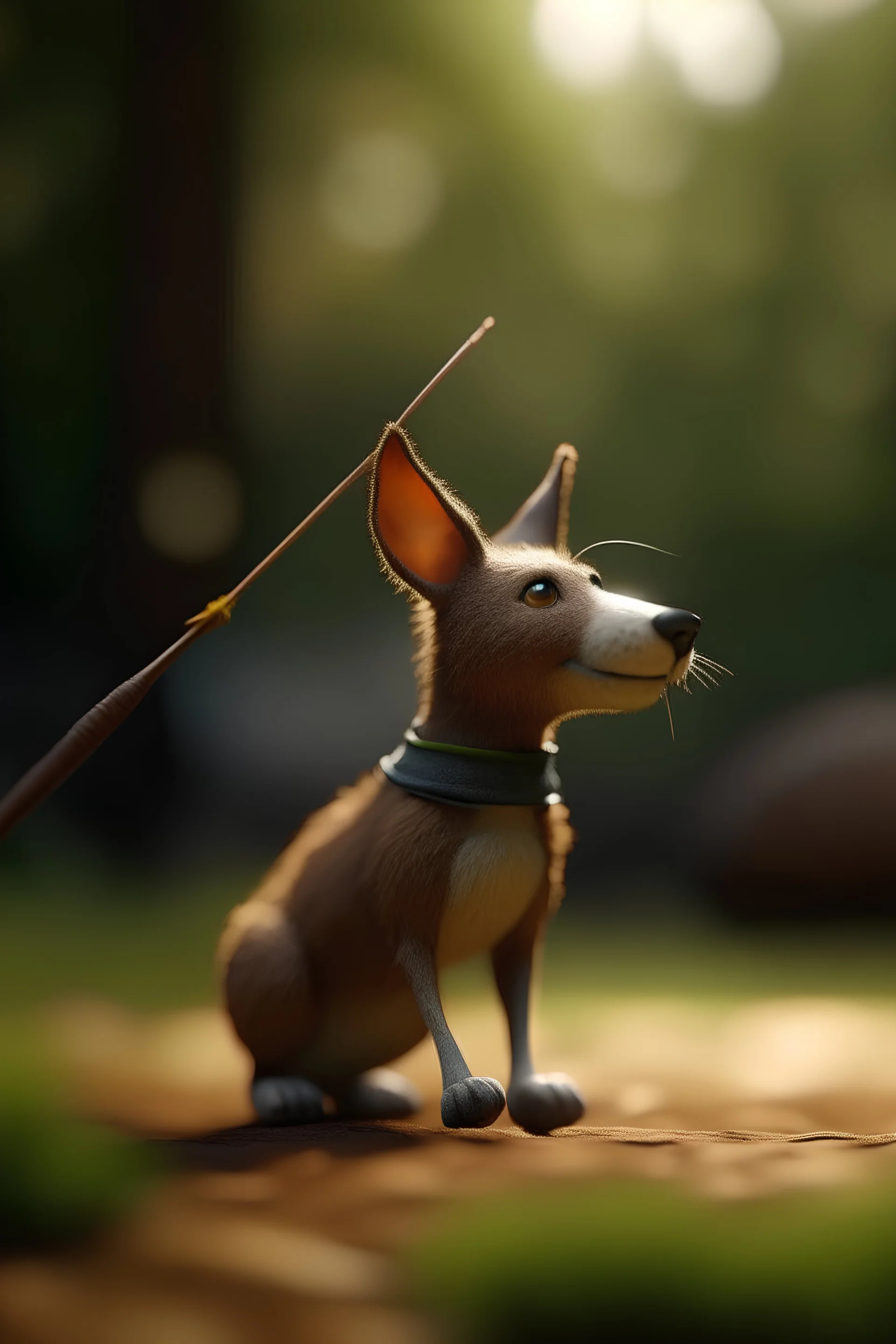 portrait of wallaby dog elf training spear throwing, bokeh like f/0.8, tilt-shift lens 8k, high detail, smooth render, down-light, unreal engine, prize winning