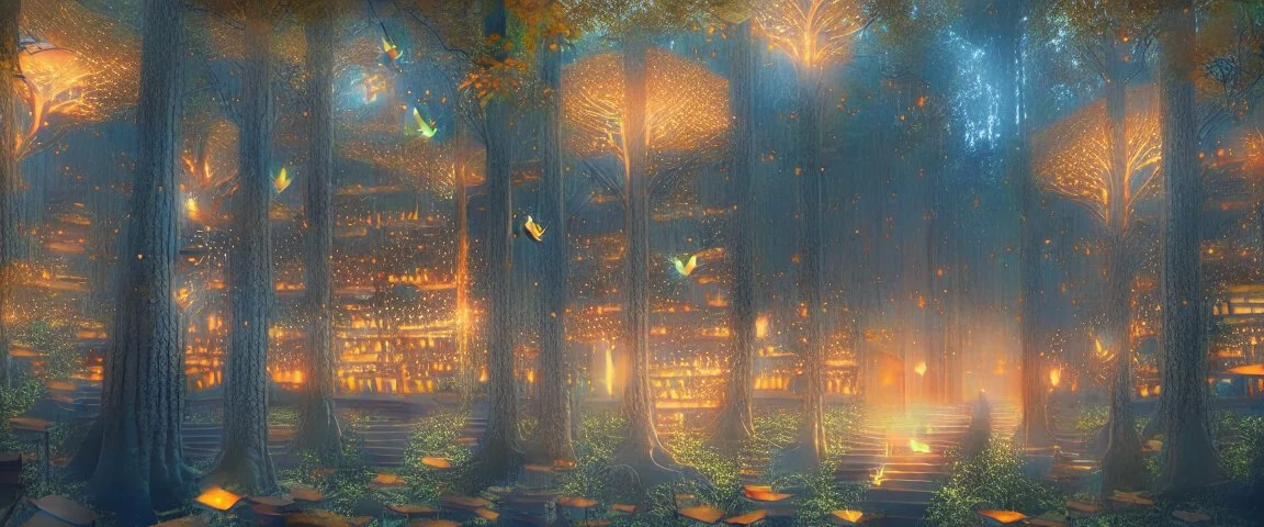 Realistic view a huge library in forest with fireflies and orange mystic lights around trees that have wide leaves and broad trunked