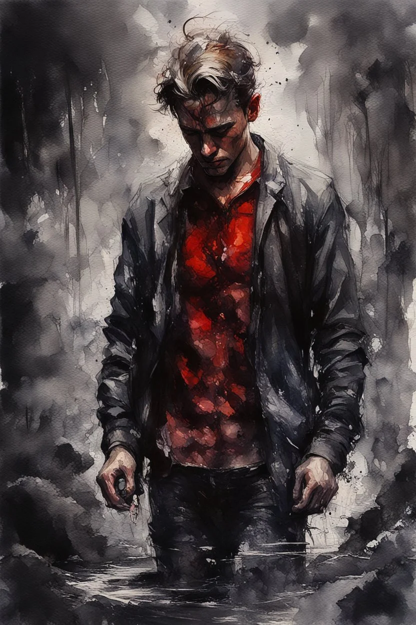 man is a rock made of stones taller than trees, vivid emotions, watercolor, photorealism, dark fantasy, bad weather, gloomy day, dark world, sketch art, fine lines, grunge, sensual, darkness, by Raymond Swanland & Alyssa Monks & Anna Razumovskaya