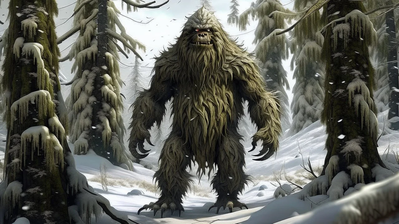 large humanoid hairy monster in the snowy forest