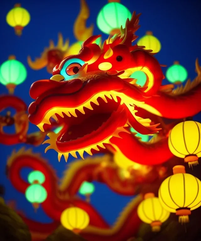 cute baby chinese dragon surrounded by lanterns, colorful detailed photo realistic 3d pixar render 4k, trending on artstation