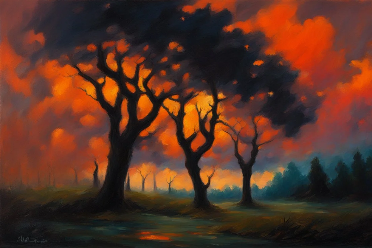 Trees, night, clouds, 2000's sci-fi movies influence, auguste oleffe impressionism painting