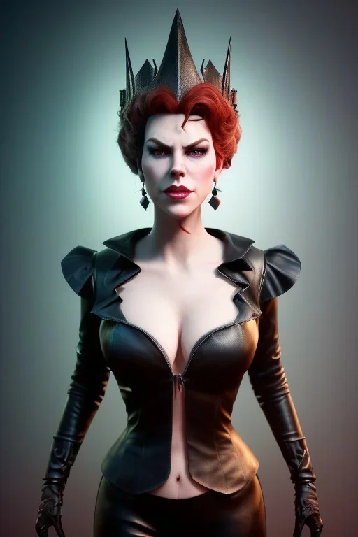 Hannah Waddingham as evil queen in black leather, busty, cleavage, curvy, rebecca Welton, angry, stern look. character design by cory loftis, fenghua zhong, ryohei hase, ismail inceoglu and ruan jia. unreal engine 5, artistic lighting, highly detailed, photorealistic, fantasy