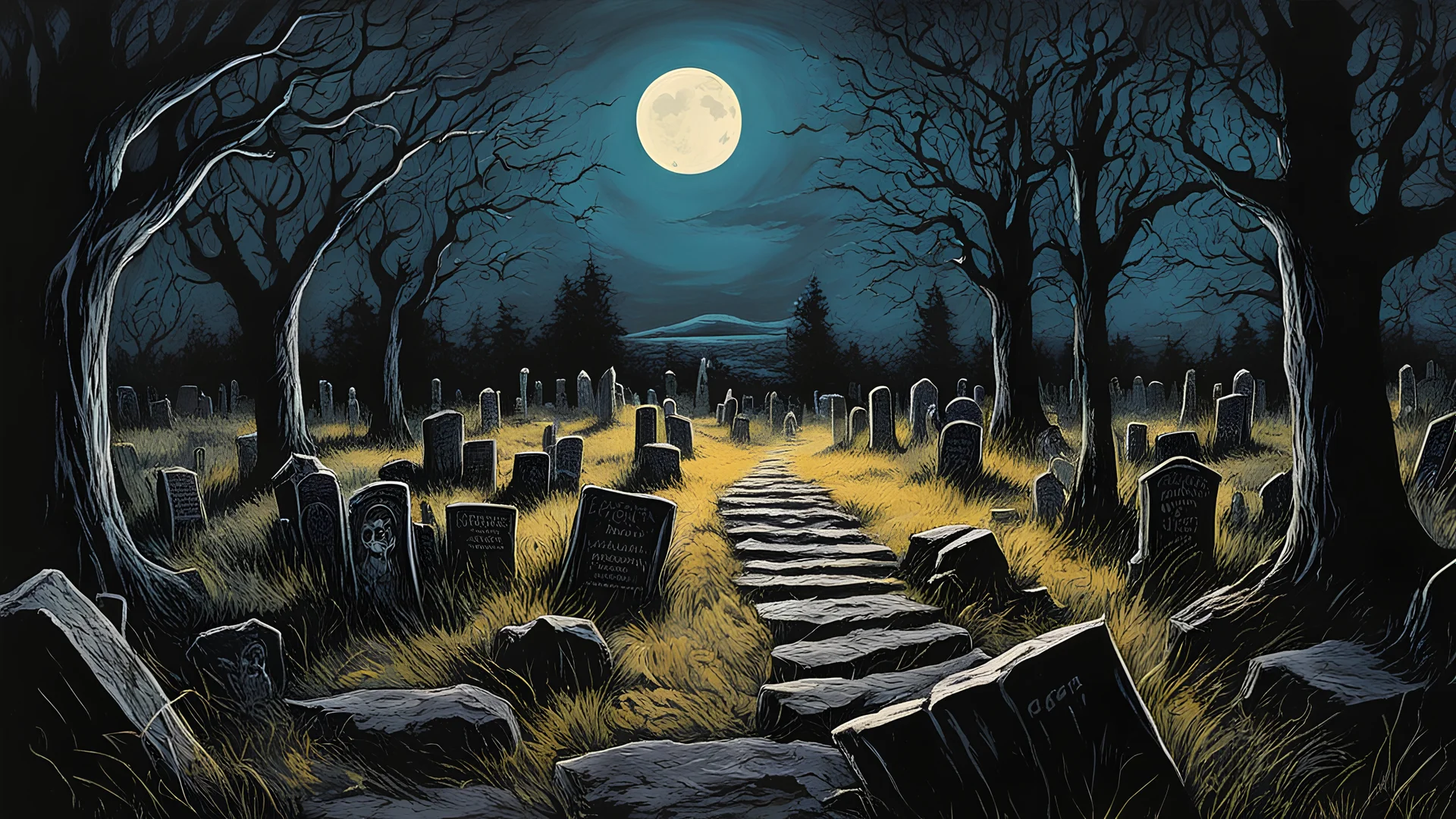 horror-themed, acrylic illustration, acrylic paint, oily sketch, graveyard, best quality, masterpiece, night, eerie, unsettling, dark, spooky, suspenseful, grim, highly detailed, graphic illustration, comic art, graphic novel art, vibrant, highly detailed