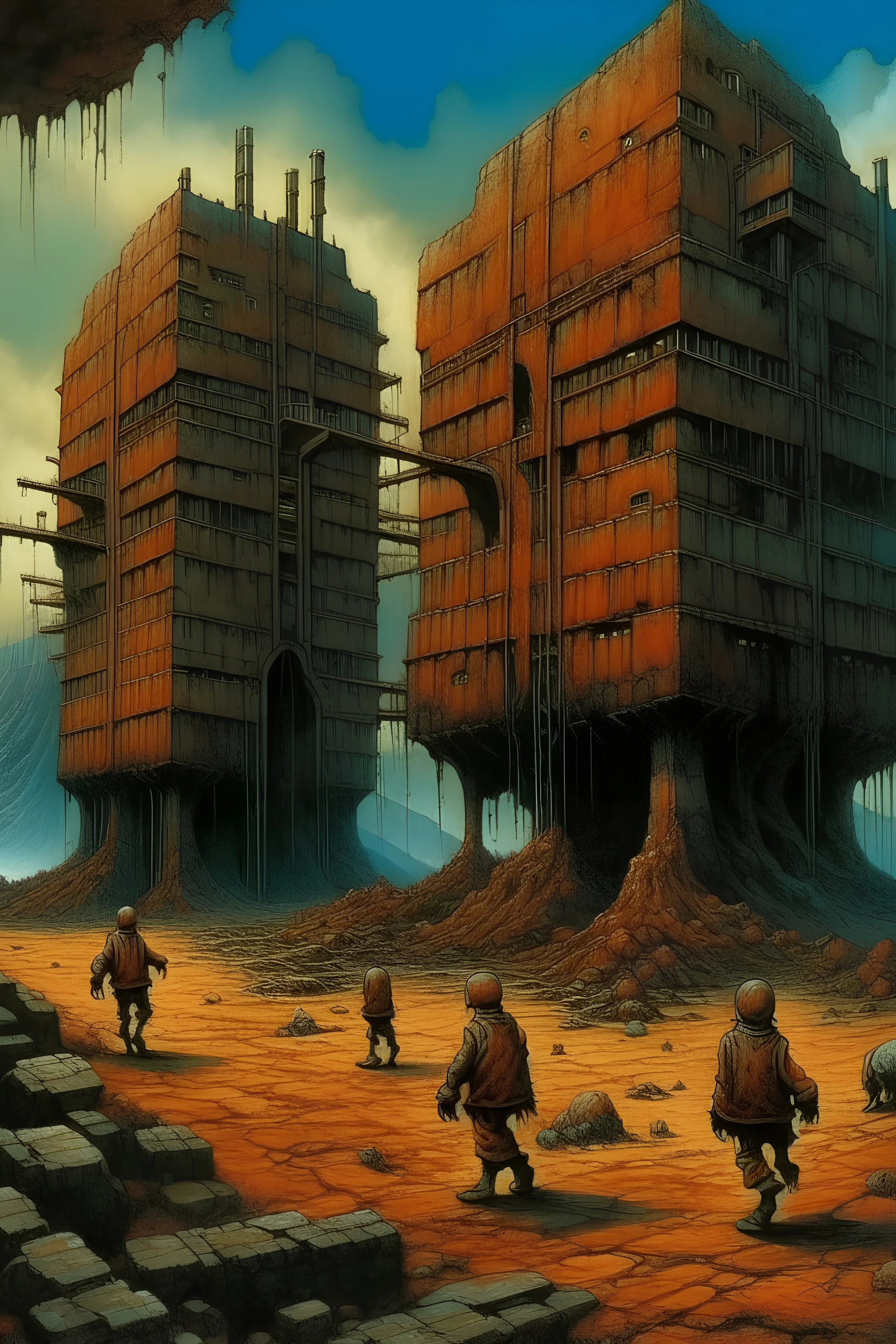 A giant rusted factory,four legged monsters emerging from cracks in the walls,in the style Zvidslav Beksinski