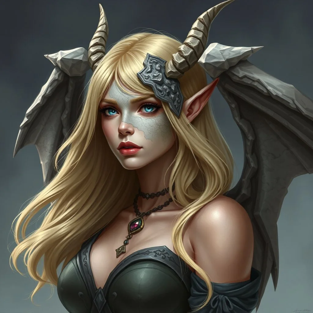 a blonde fantasy woman who is turning into a gargoyle, her face is partially stone, stone wings, digital art, stylised