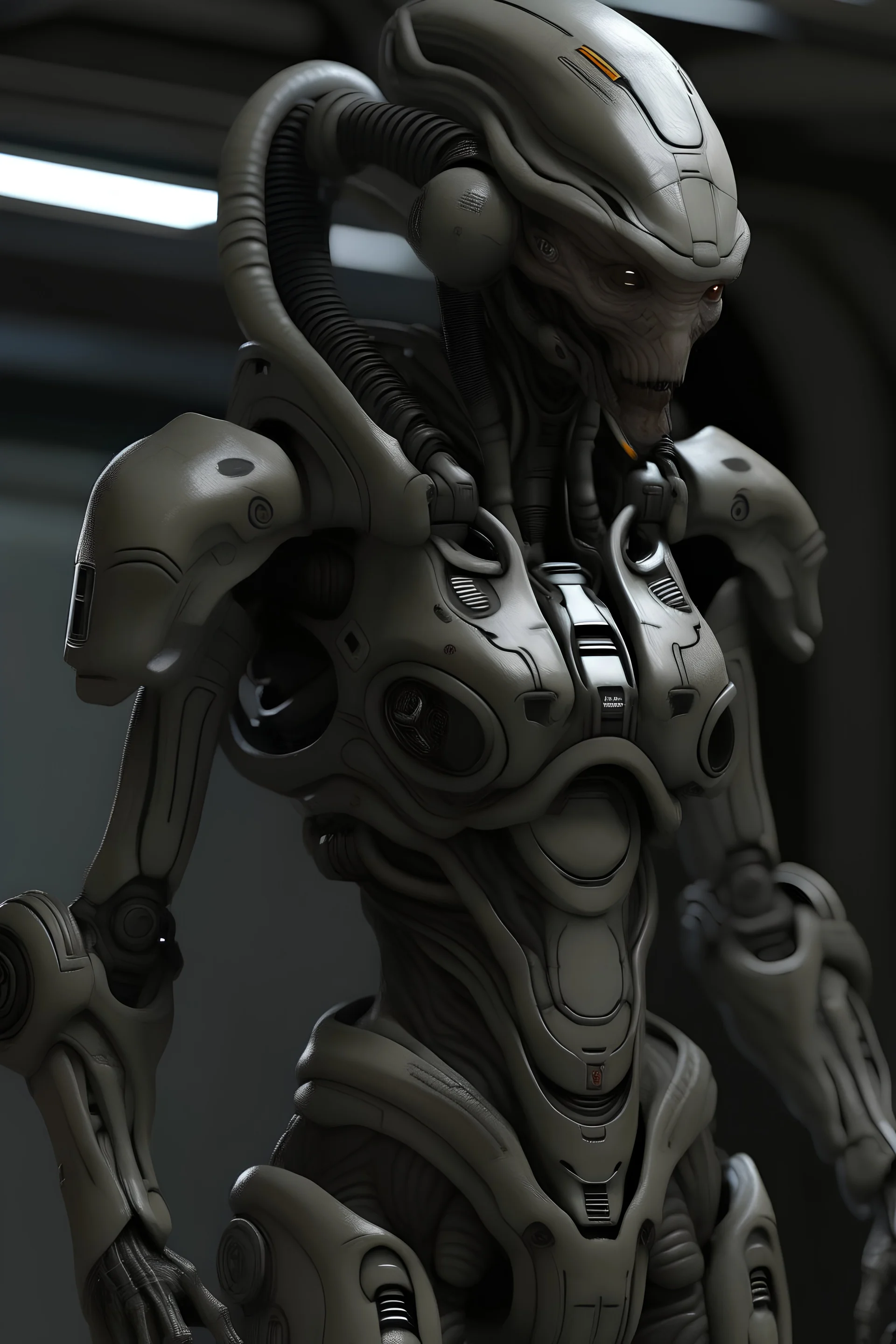 grey skinned alien female in power armor and no helmet