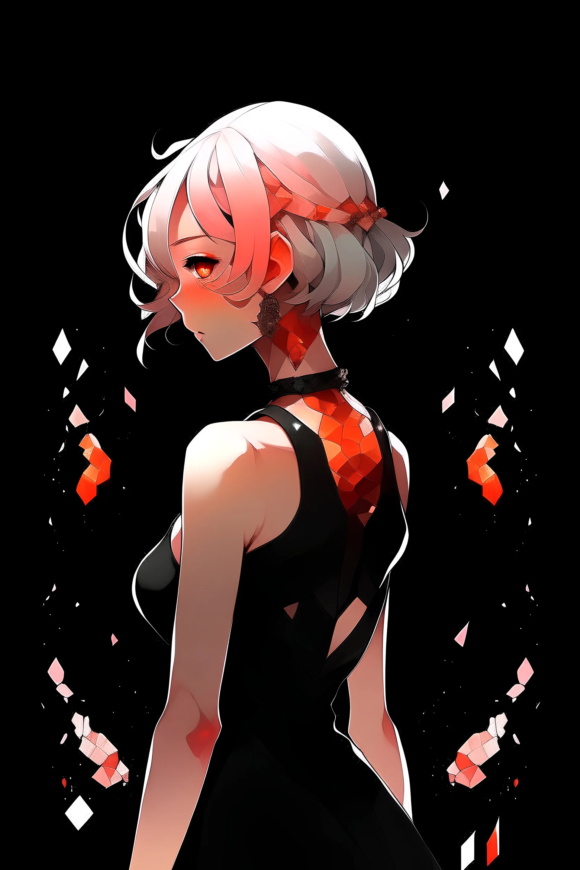 Padparadscha - Houseki no Kuni girl on a black background stands with her back but turns to face the screen