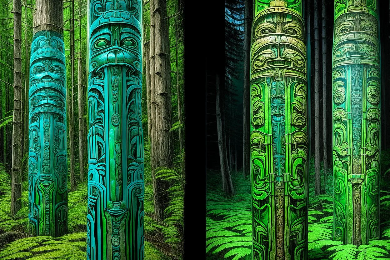 A green cybernetic forest designed in pacific Northwest totem poles painted by Albrecht Durer
