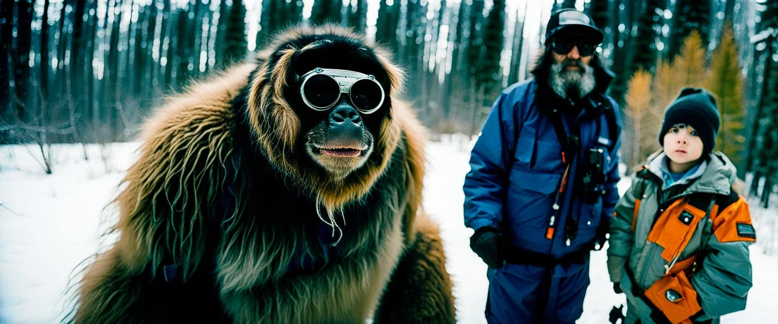 close up documentary photography, Baby Yeti, young curious Bigfoot, scientist, Dystopian, Hyper detailed, realistic fur, Japanese, Extreme depth of field, bokeh blur, winter, blizzard, Alberta, all-natural, in the style of candid, imperfection, natural lighting, Professional shot, shot on Agfa, Fuji Film, Captured on lustrous Kodak Vision3 Color Negative Film 500T 5219, 1990s, --ar 4:5 --w 150 --style raw