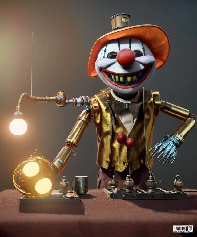 happy friendly mechanoid clown playing jazz with a steampunk theme, realistic