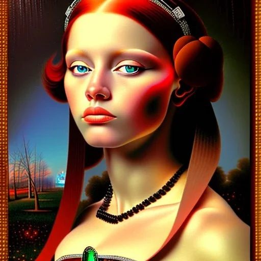 oil Portrait of a redhead beautiful busty voluptous adult woman with emeralds necklace with big Blue sad eyes looking to viewer by GRANT WOOD Ingres 8k