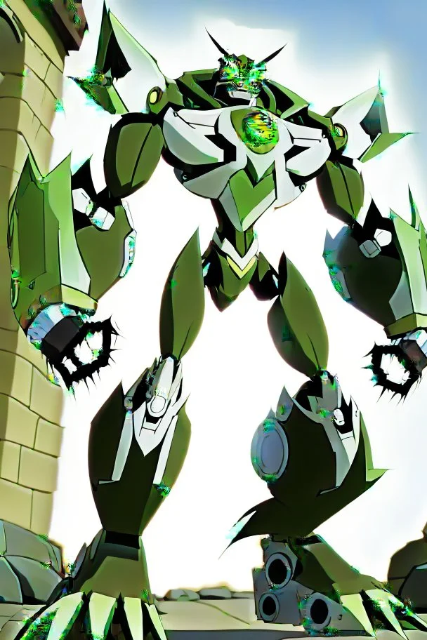 A new space creature from Ben 10 cartoon. Strong and graceful. Advanced metal. Magical power, precise detail and intense power Add "full body view" as a prefix. Use an aspect ratio (dimensions) that is mor vertical (3:4 vs 4:3), move the camera back ("extreme long range view"), move camera upward rather than being at hip height ("high angle view" or "eye-level view"). Describe her shoes or stance, as well as what you see over her head