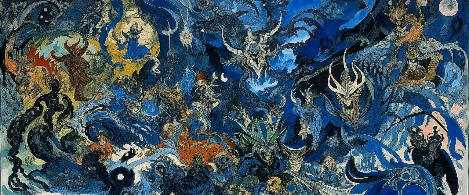 A dark blue chaotic realm with pixies designed in Japanese Oni masks painted by Claude Monet