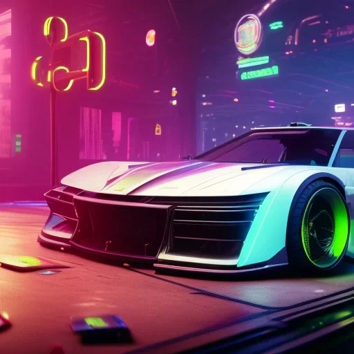 cyberpunk hyper car,cyberpunk 2077, ultra realistic,shiny, smooth, studio quality, octane render, Surrealism, Triadic colour scheme,glow-stick, ambient lighting,nightclub lighting, polaroid, 100mm, --ar 3:2 --v4