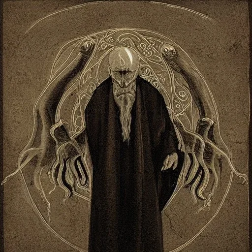 Russian Orthodox nosferatu with five eyes and tentacle beard and long arms and fingers