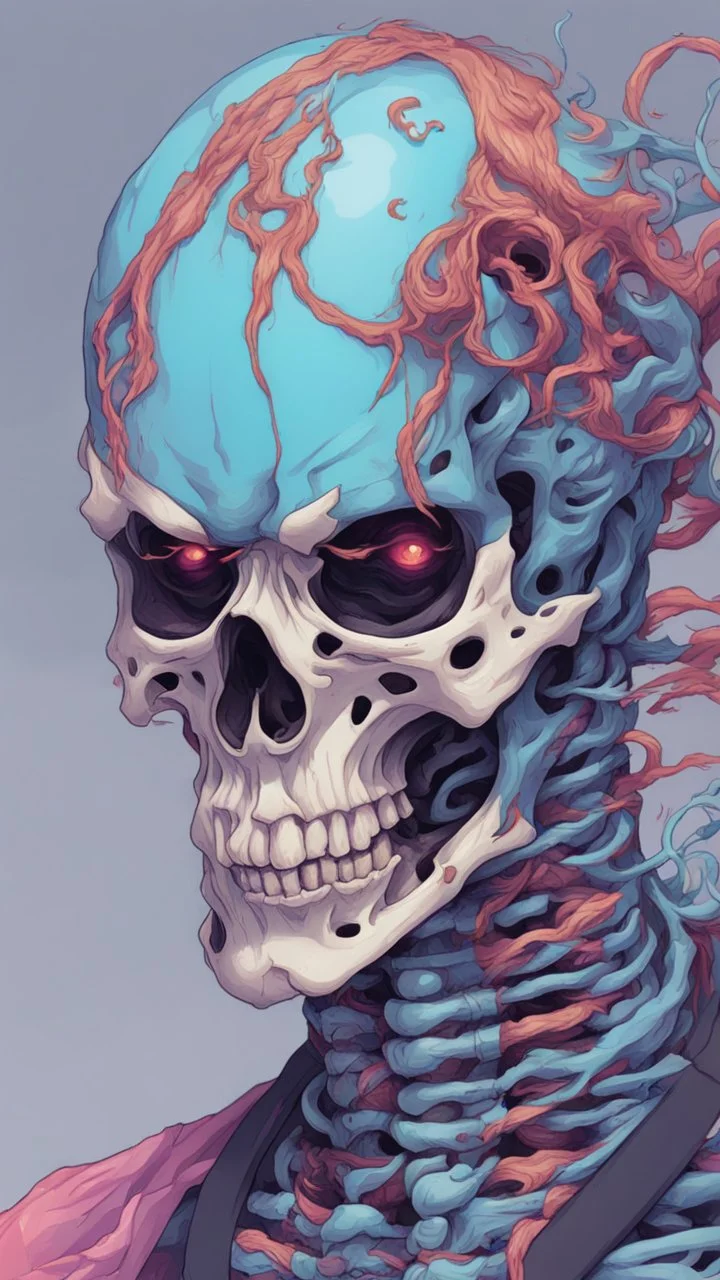 a close up of a person with a skull on their head, anime skull portrait man, scary detailed art in color, hiroyuki-mitsume takahashi, nychos art aesthetic, half man half skeleton, anime cyberpunk art, colored manga art, rossdraws pastel vibrant, cold colors. insanely detailed, beautiful anime portrait, stunning anime face portrait, scary art in color