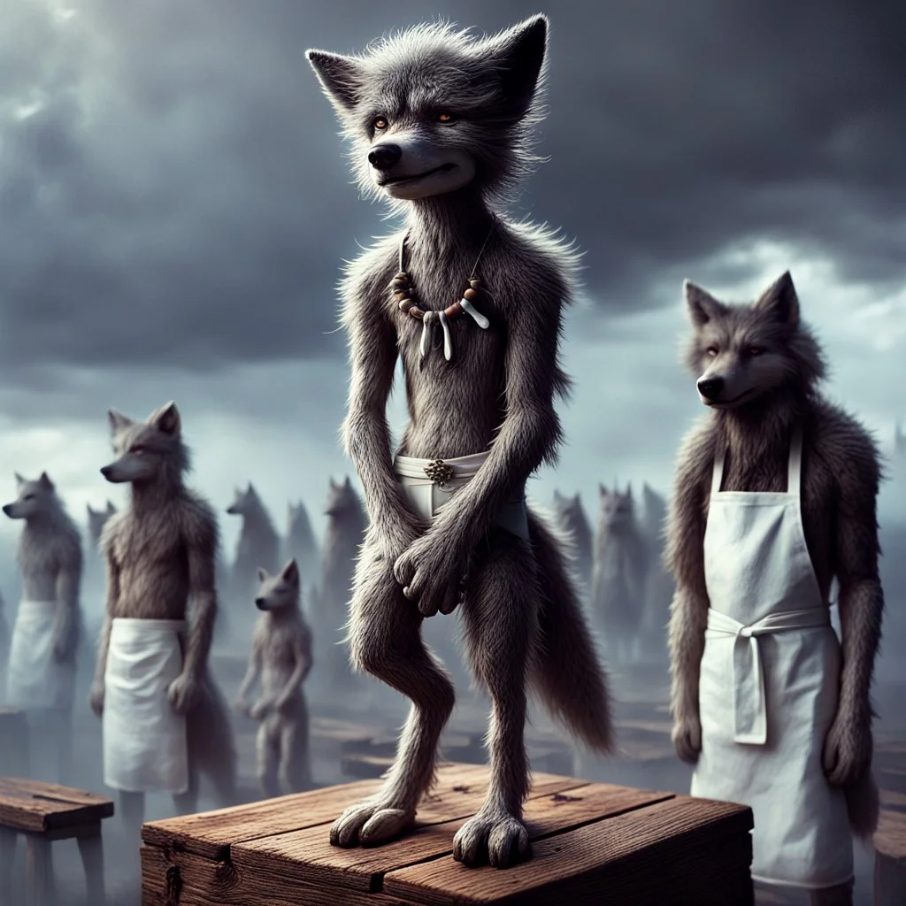 stands on top a wooden box a thin, young sad anthropomorphic wolf in full body hair with autentic wood-bone necklace hanging in his neck and in white belt , front him two older anthropomorphic wolves white Chef's Bib Snap Apron look at him, stormy sky, in blur background more different anthropomorphic wolves stand in body hair and looking them , realistic, detailed, cinematic, sci-fi, digital art, fantasy mood