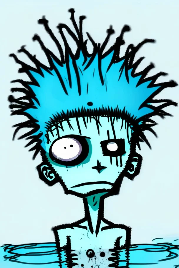 2d drawing of a stickman, cool with punk hair, x eyes like in hangman, in swimming pool, face laying on hands, 3d realistic in colour