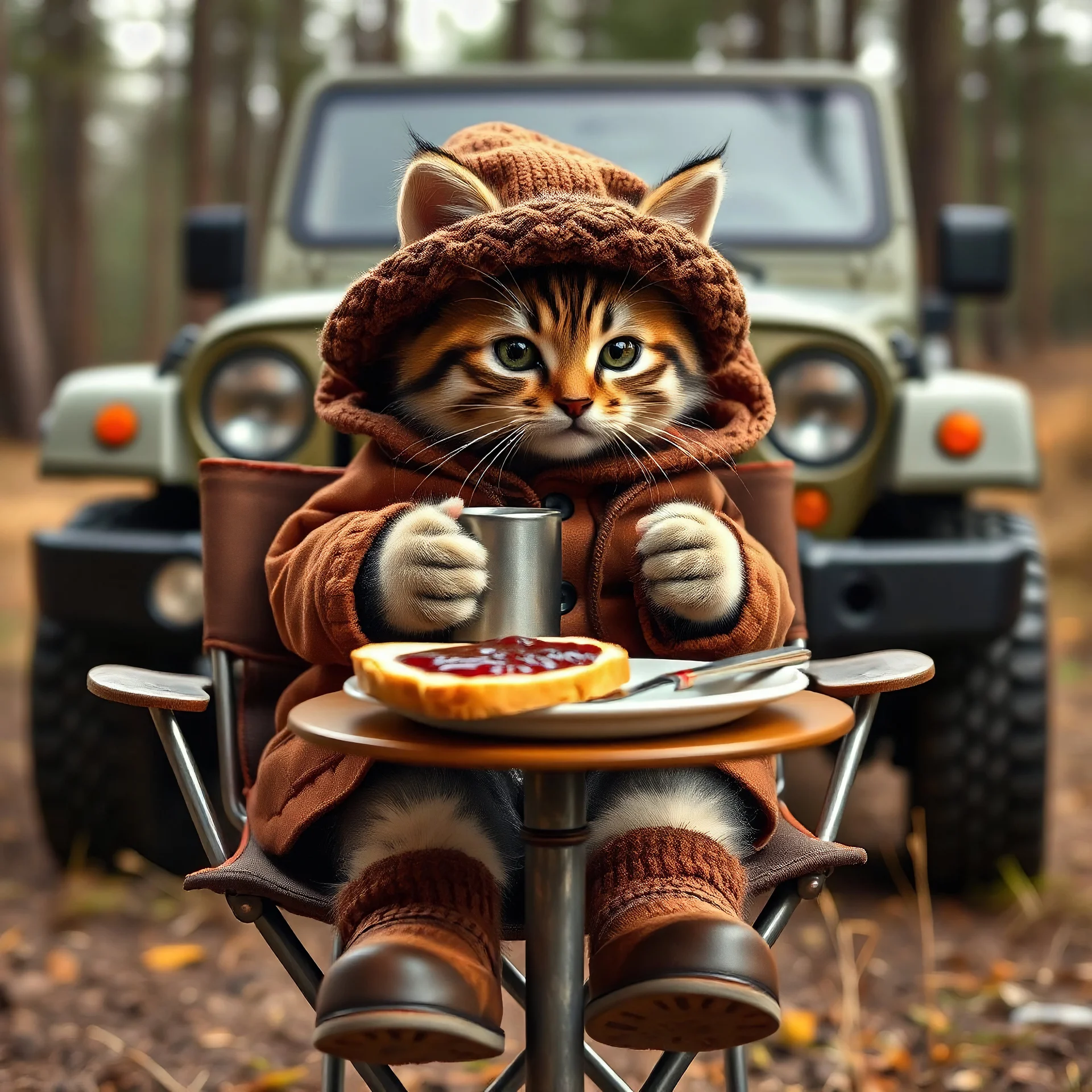 Anak kucing lucu memakai baju, kupluk, mantel musim dingin dan sepatu boot sedang duduk di atas kursi lipat kecil sedang minum secangkir kopi panas yang mengepul ( cangkir logam),di atas meja kecil ada sepiring roti tawar berselai di atasnya ,dipinggir piring ada pisau dan garpu, full body, highly detailed, good composition, HD, realistic, melihat ke depan ,di belakangnya ada mobil jeep, di alam terbuka hutan pinus