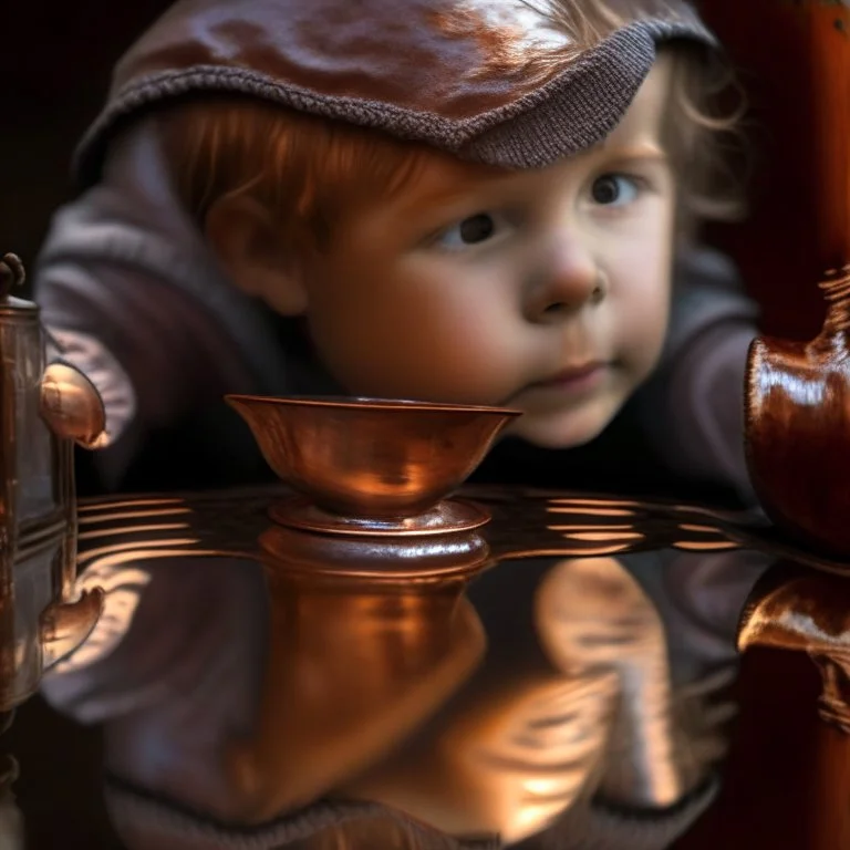 The reflection of a child on the surface of an old copper teapot