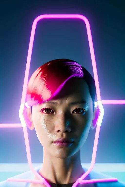 portrait, Asian cyborg woman :: symmetry photography, cyberpunk, pink hair, makeup, long line eye, light iris, :: latex coat, wires and circuits, pink, white, black :: cinematic, Ultra realistic, dark scene, soft color, highly detailed, unreal engine 5, RTX, ultra detail, 3d, finely drawn, high definition.