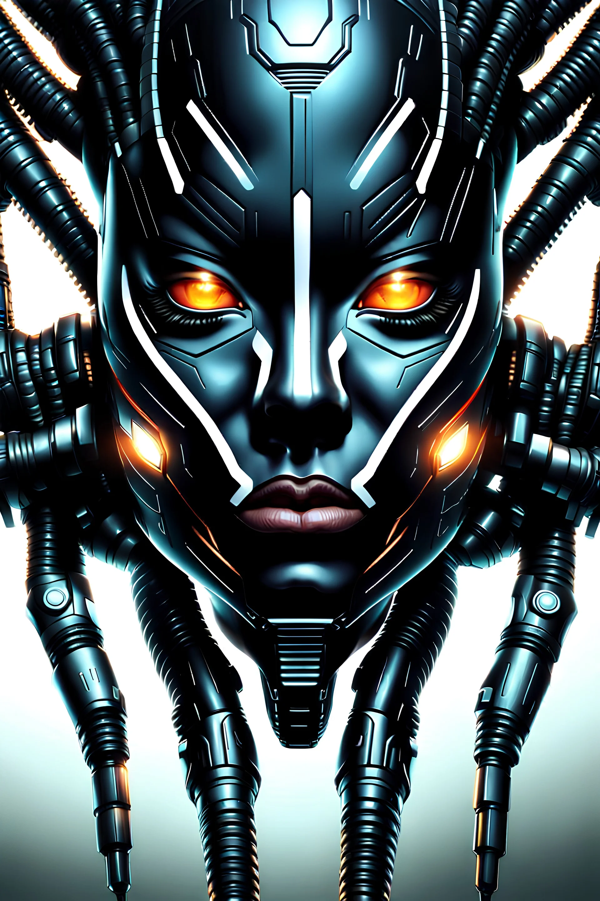 front facing view of a beautiful symmetric black cyberpunk female, white background, ultra realistic, highly detailed, hd, sharp focus, cinematic lighting, realistic, photorealistic, vivid colors, painting, photograph, digital art, non blurry, sharp, artstation, concept art, smooth, illustration