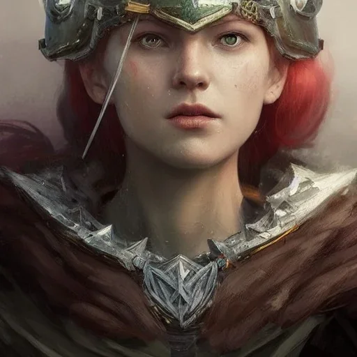 highly detailed portrait viking queen art, anime, delicate red hair, green glass steel armor, cinematic lighting, 4k, 8k, octane render, digital concept art, greg rutkowski, trending on artstation, pinterest, extremely detail, 8k, ambient lighting.