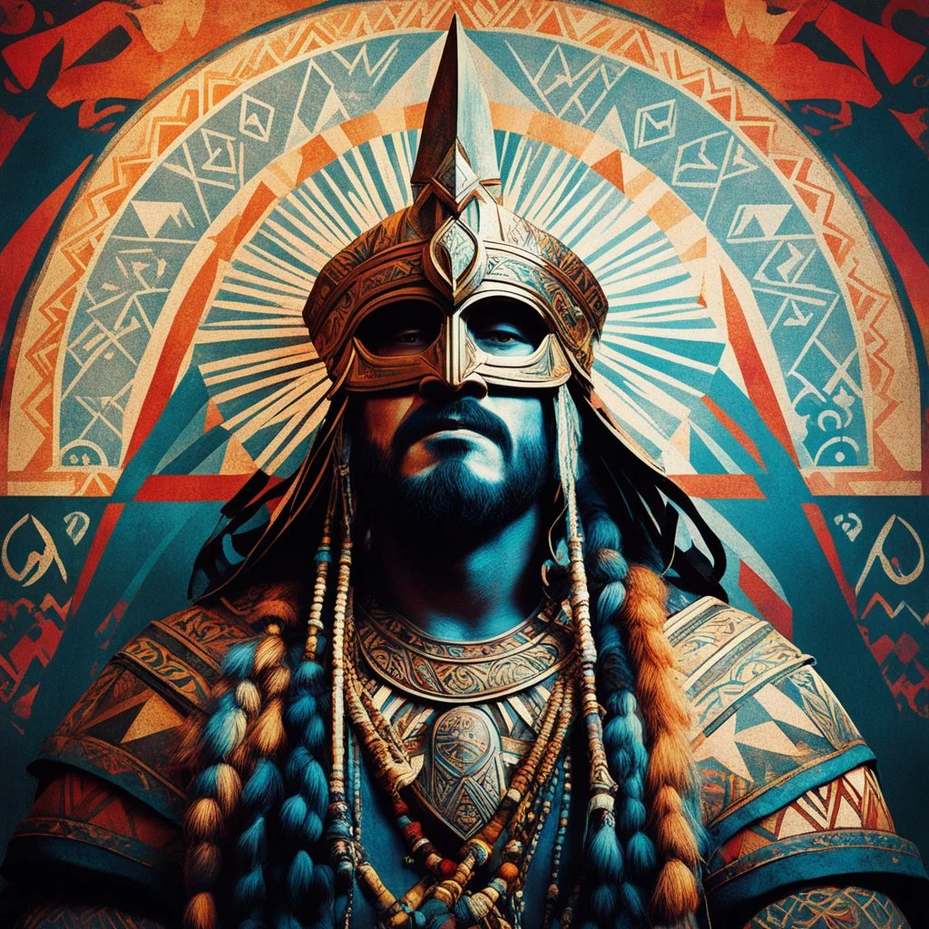 art by Mil Mascaras and Alphonse Mucha] viking chill in a tribal tent [vintage style noisy scratches glitches, Shot the texture and then rewound the film and double exposed from a 1970 B series movie]