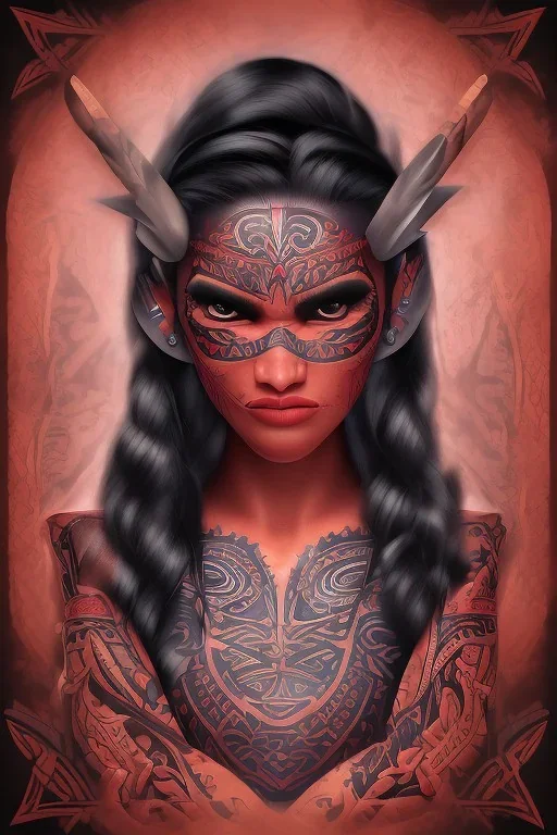  Portrait female Maori Chief splash of color iron maiden Maori tribal tattoos, bow with arrows, full detail, 4k, style of Cosmopolitan