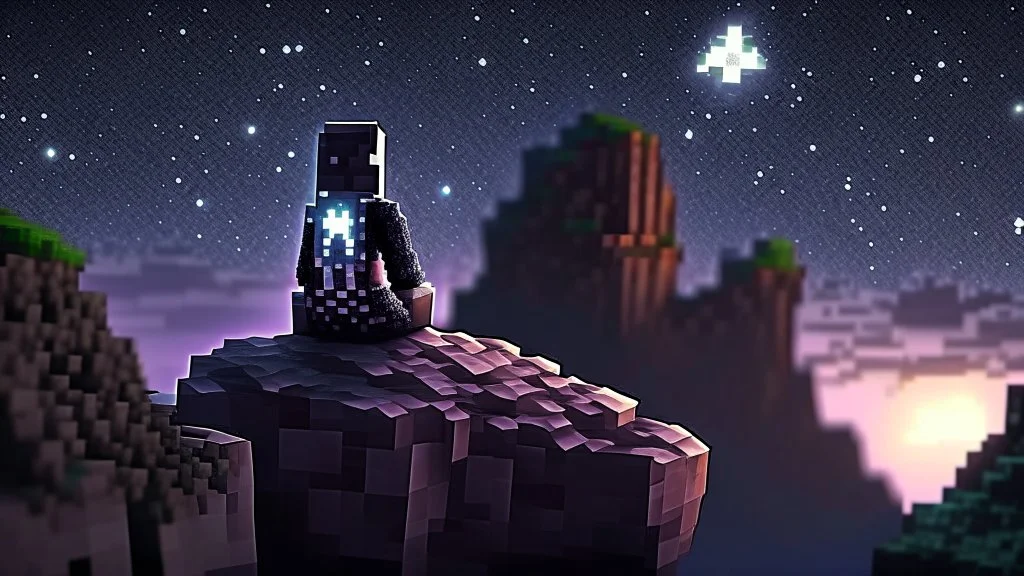 Minecraft Character, minecraft theme, purple starry sky, meditating, facing back, wearing gown, minecraft style, in between two cliffs,