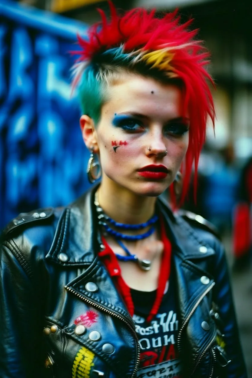 photo of a beautiful Polish young punk woman taken by a Mamiya M645 camera with portrait lens on colour medium-format film, red lips, blue eyes, red mohawk, black leather jacket, Ramones style, heavy boots, fishnet stockings, torn t-shirt, nosering, few earrings, belly ring