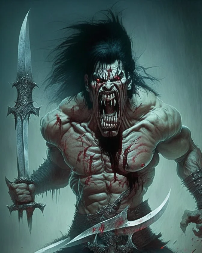 screaming scary zombie human berserker meaty black hair big greatsword