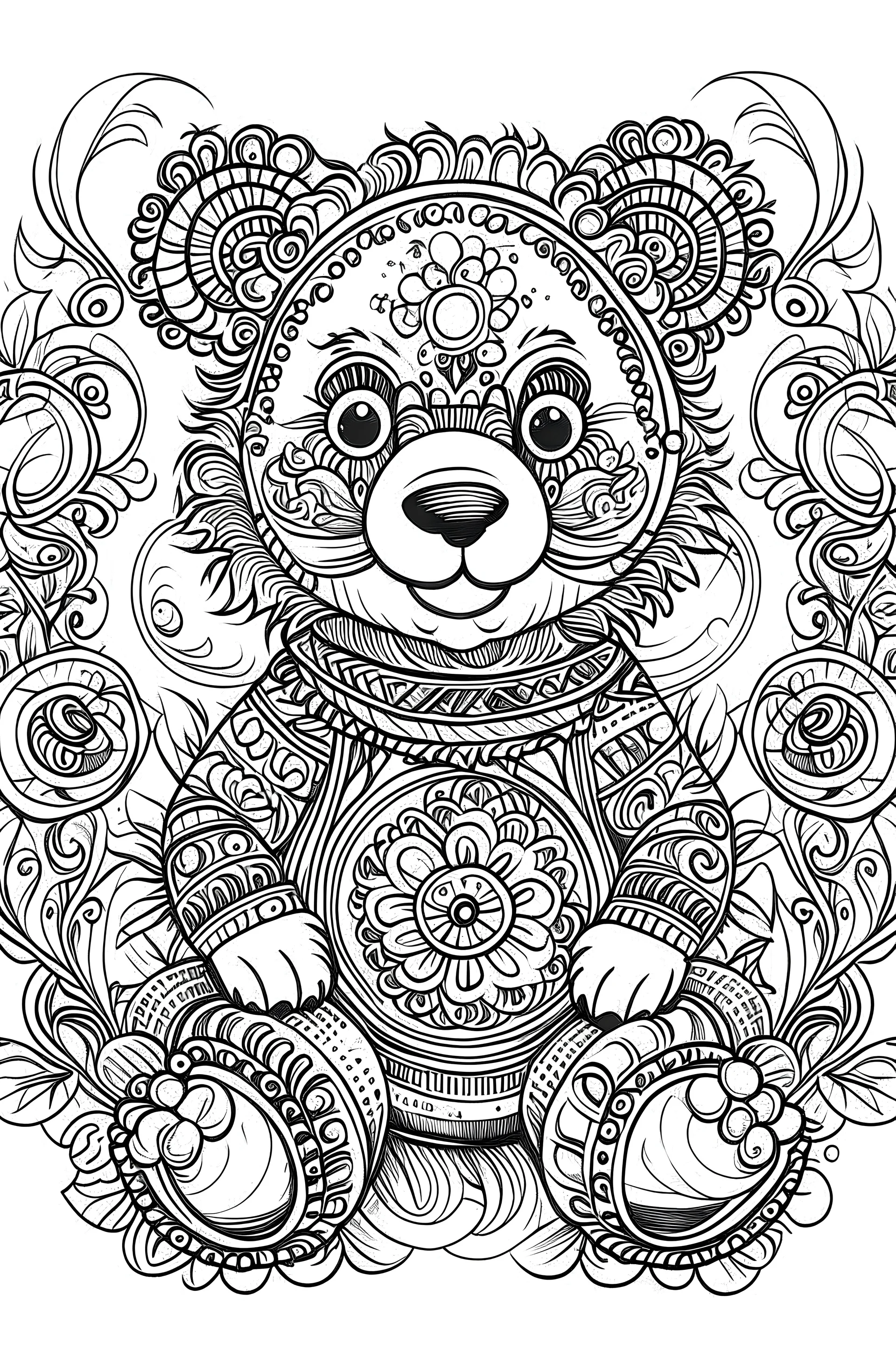 Outline art for coloring page, GYPSY SMILING TEDDY BEAR TOY, coloring page, white background, Sketch style, only use outline, clean line art, white background, no shadows, no shading, no color, clear