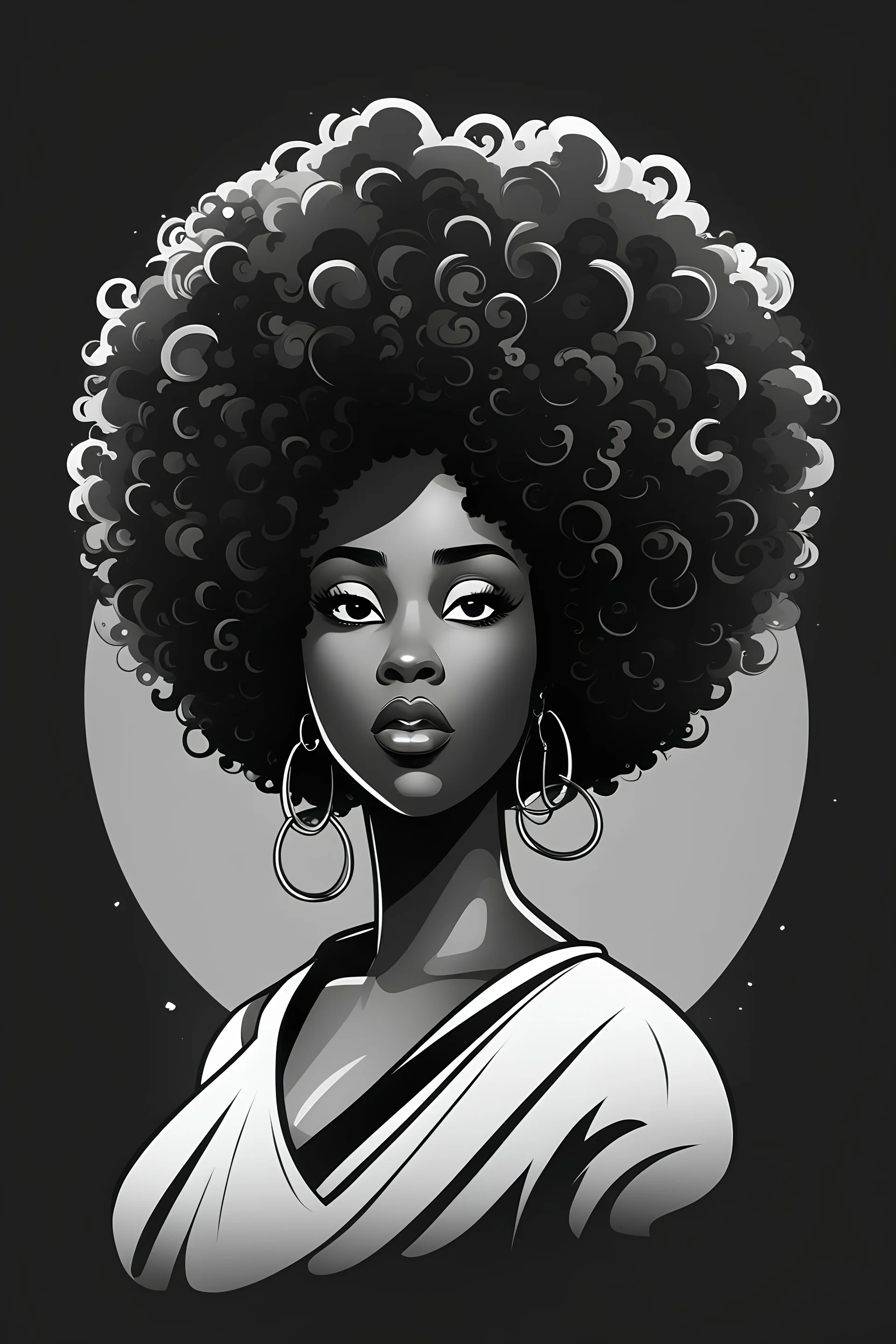 create a whimsical logo style image with exaggerated features, 2k. a black and white cartoon image of a thick black female looking off to the side with a large thick tightly curly asymmetrical afro. Very beautiful
