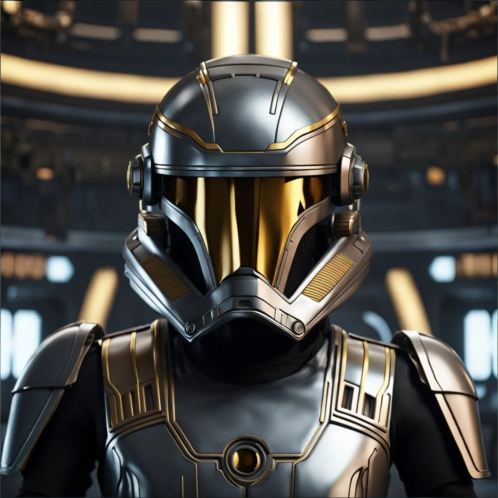 star wars bald male corellian pilot wearing pearlescent black and gunmetal grey First Order special forces heavy assault armor and helmet with gold trim inside the jedi temple, centered portrait, hyperdetailed, dynamic lighting, hyperdetailed background, 8k resolution, volumetric lighting, light skin, fully symmetric details