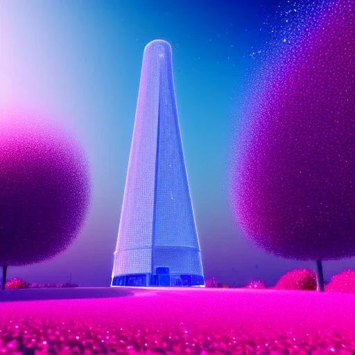 Blue futuristic cristal tower in a flowery countryside, glitter pink in a galactic ambiance, delicate colors in the foreground, full of details, smooth, light effect，vaporwave colorful, smooth, extremely sharp detail, finely tuned detail, ultra high definition, 8 k, unreal engine 5, ultra sharp focus